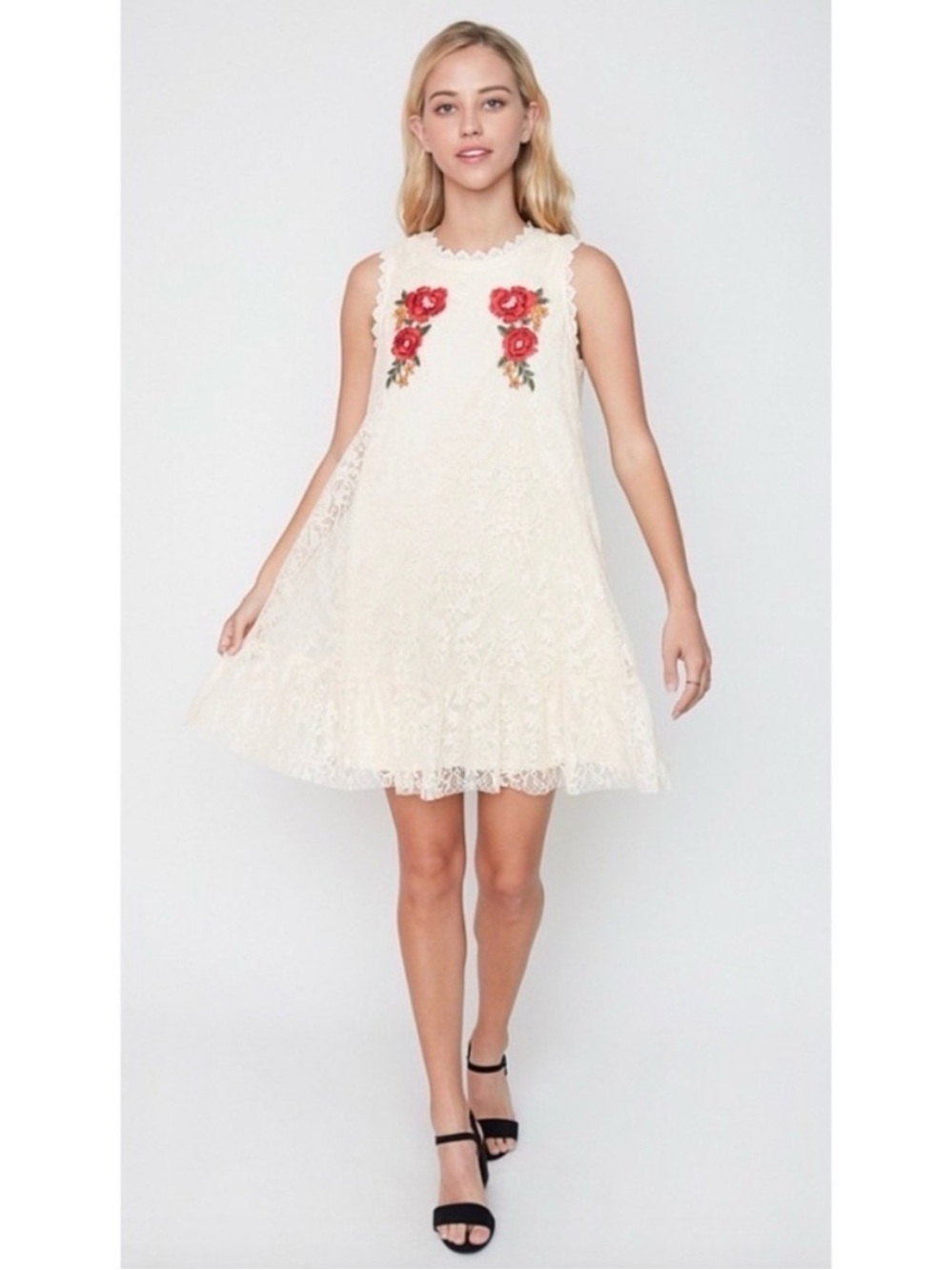 Cream Lace Mini Dress with Red Floral Embroidery